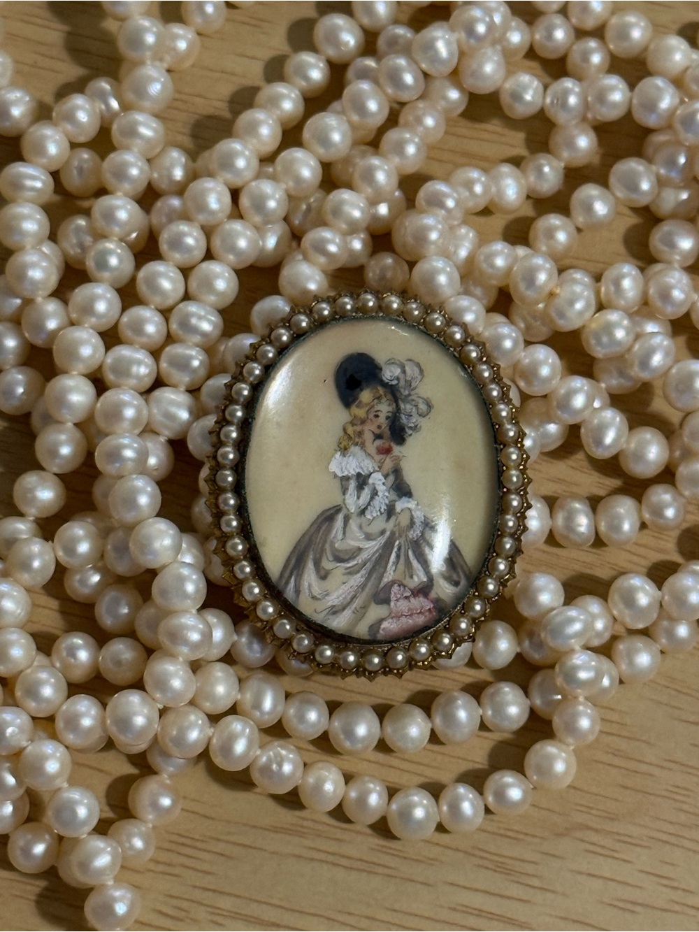 Vintage 50s ‘Crinoline Lady’ Handpainted Brooch Domed Glass and Faux Seed Pearls